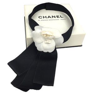 CHANEL Camellia Ribbon Tie Choker Black x White and Chanel